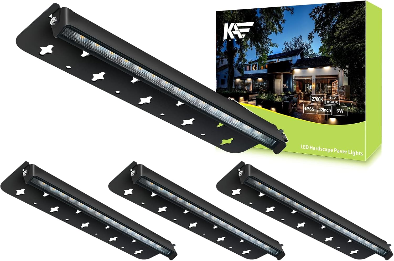 Kaqur 12 Inch 3W LED Integrated Hardscape Paver Lighting,12V AC/DC Low Voltage Landscape Lights,Retaining Wall Lights,IP65 Outdoor Step Light,2700K Soft White,ETL Listed,50,000 Hours Lifespan,4-Pack