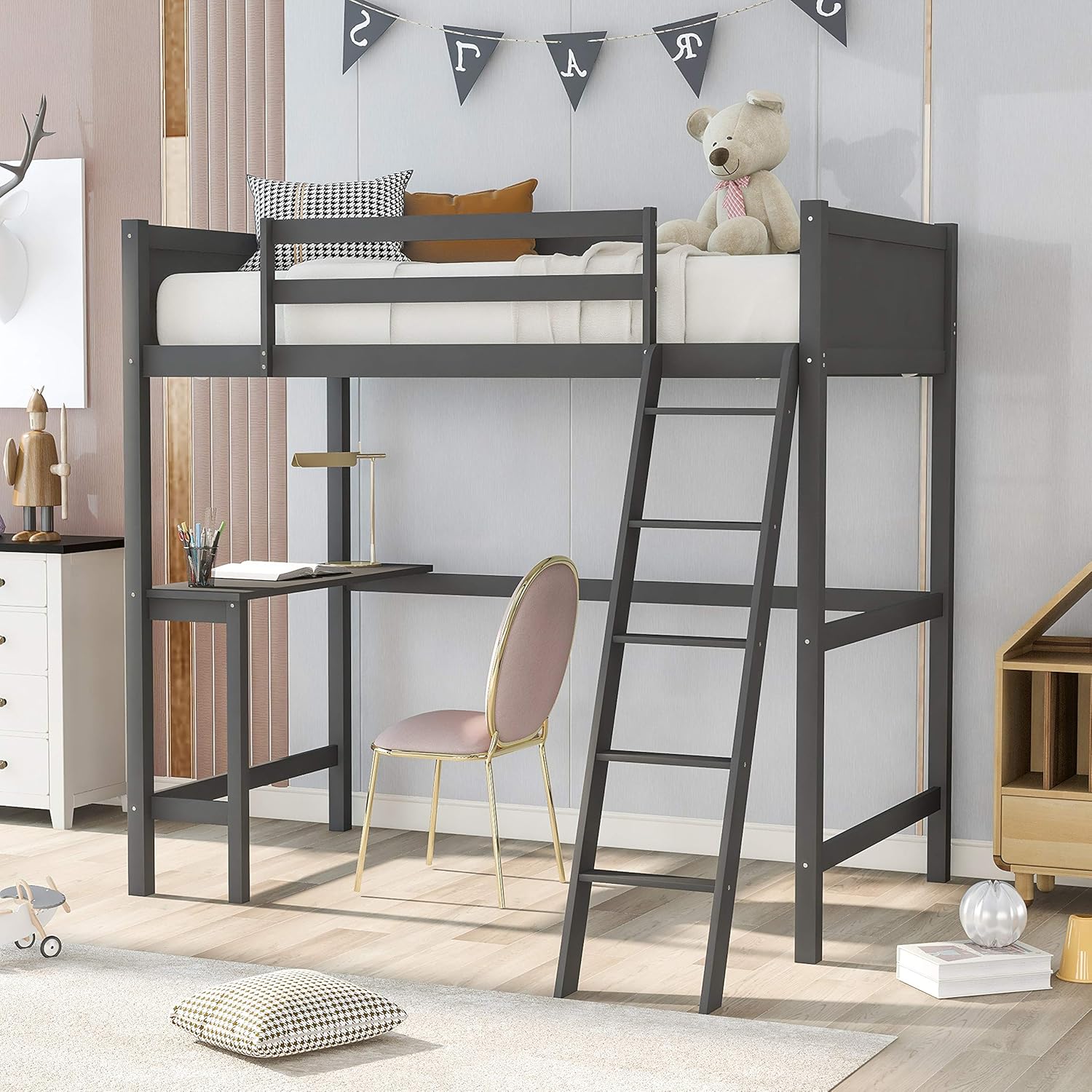 Longrune Twin Low Bunk Bed with Slide and Ladder, Can be Separated, No Box Spring Needed,for Kids Bedroom, Black