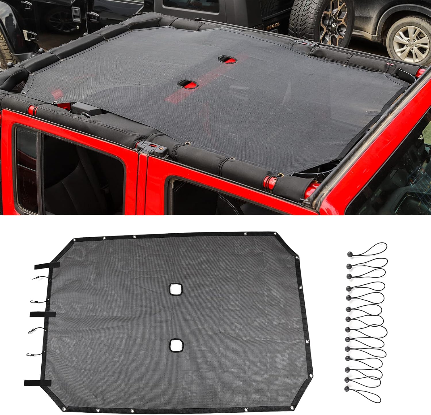 CheroCar JK Mesh Sunshade Mesh Shade Top Cover Provides UV Sun Protection for 4 Door 2007-2018 Jeep Wrangler JK Accessories (Black)