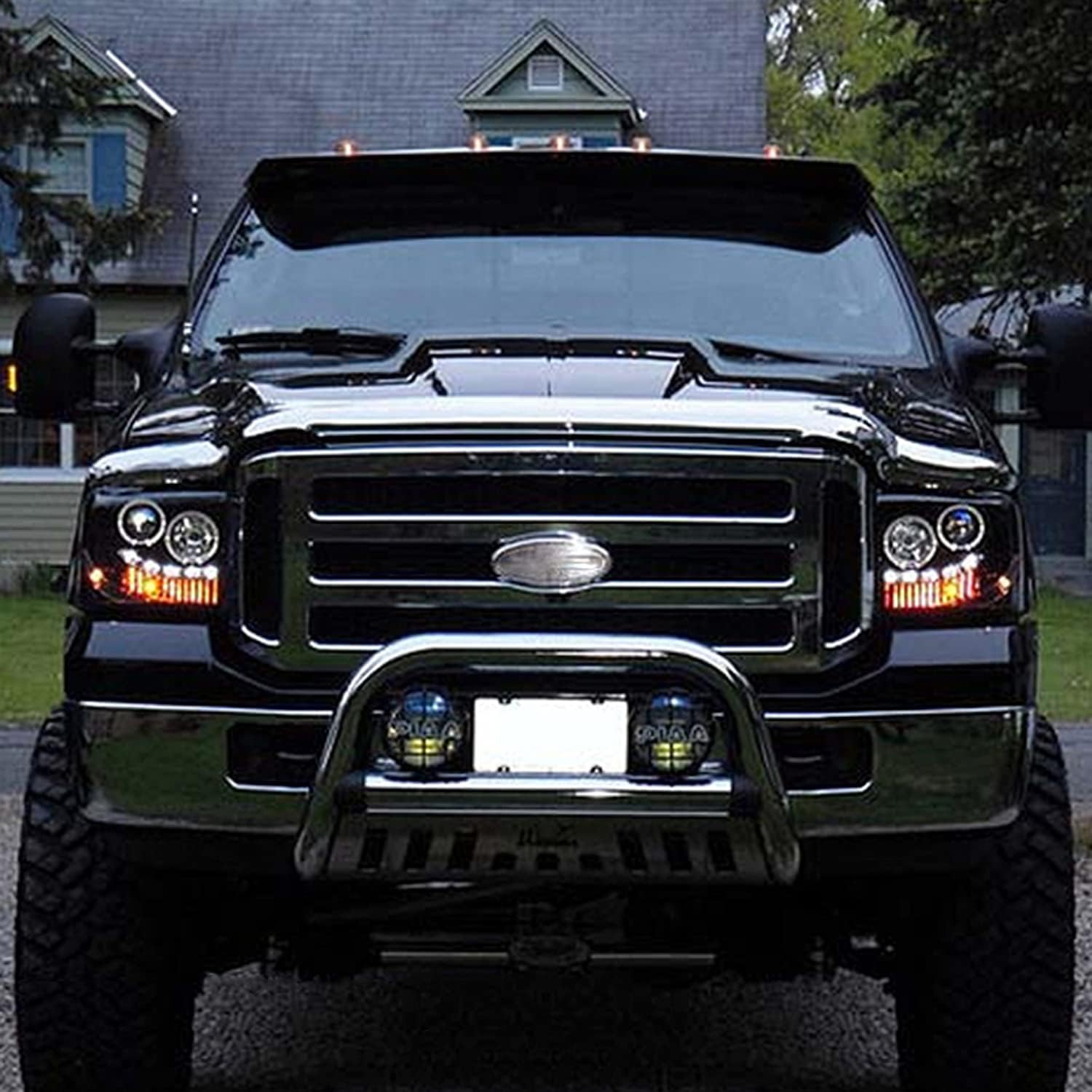 AKKON - For Ford F250/F350/F450/F550 SuperDuty 05 Excursion Black Bezel Dual Halo Ring LED Projector Headlights Pair