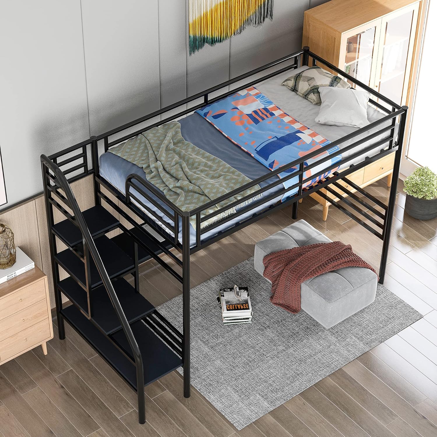 Merax Loft Bed with Desk, No Box Spring Needed, Space-Saving Design Bunk, Twin, Black-1