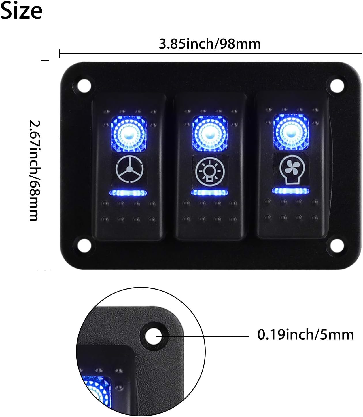 Linkstyle 3 Gang Car Boat RV Marine Switch Panel Rocker Switch Panel with Blue LED Light 5 Pin ON/Off Switch Panel with DIY Stickers Set Pack of 2