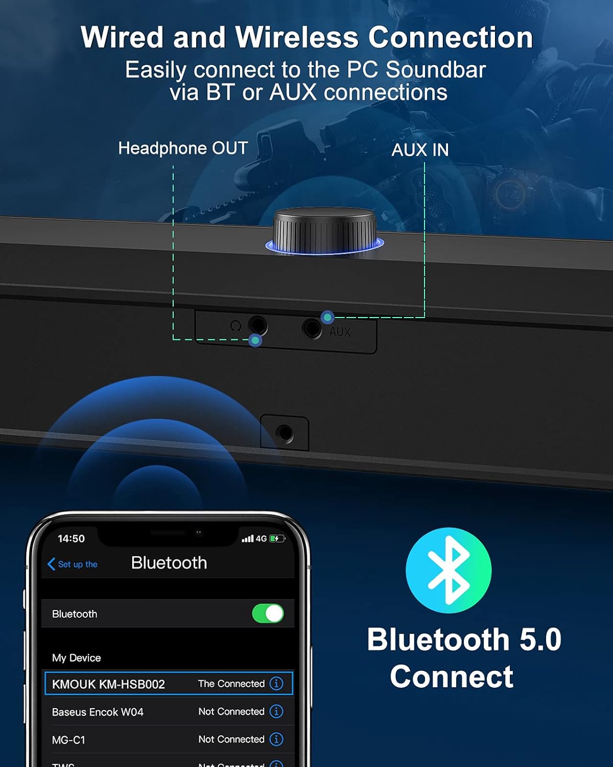 Computer Speakers, KMOUK Bluetooth Computer Sound Bar, Dynamic LED Gaming PC Soundbar with Microphone, HiFi Stereo PC Speakers, 3.5mm AUX-in USB Powered Speakers for PC, Desktop Soundbar for PC/Laptop Pack of 2