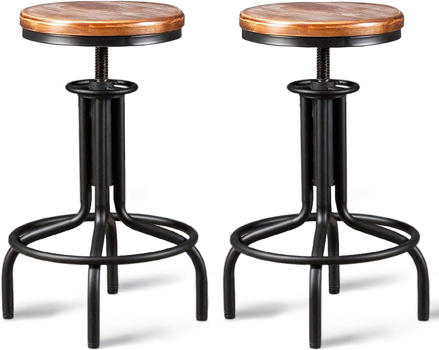 Topower American Antique Industrial Design Metal Adjustable Height Kitchen Dining Breakfast Chair Industrial Style Bar Stool Fully Welded 22-28 inch Set of 2 (Black, Wooden Top)