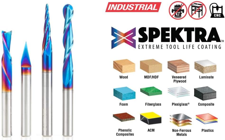 Amana Tool AMS-188-K 4-Pc CNC Solid Carbide Spektra Extreme Tool Life Coated Signmaking/Engraving CNC Router Bit Pack 1/4 Inch Shank