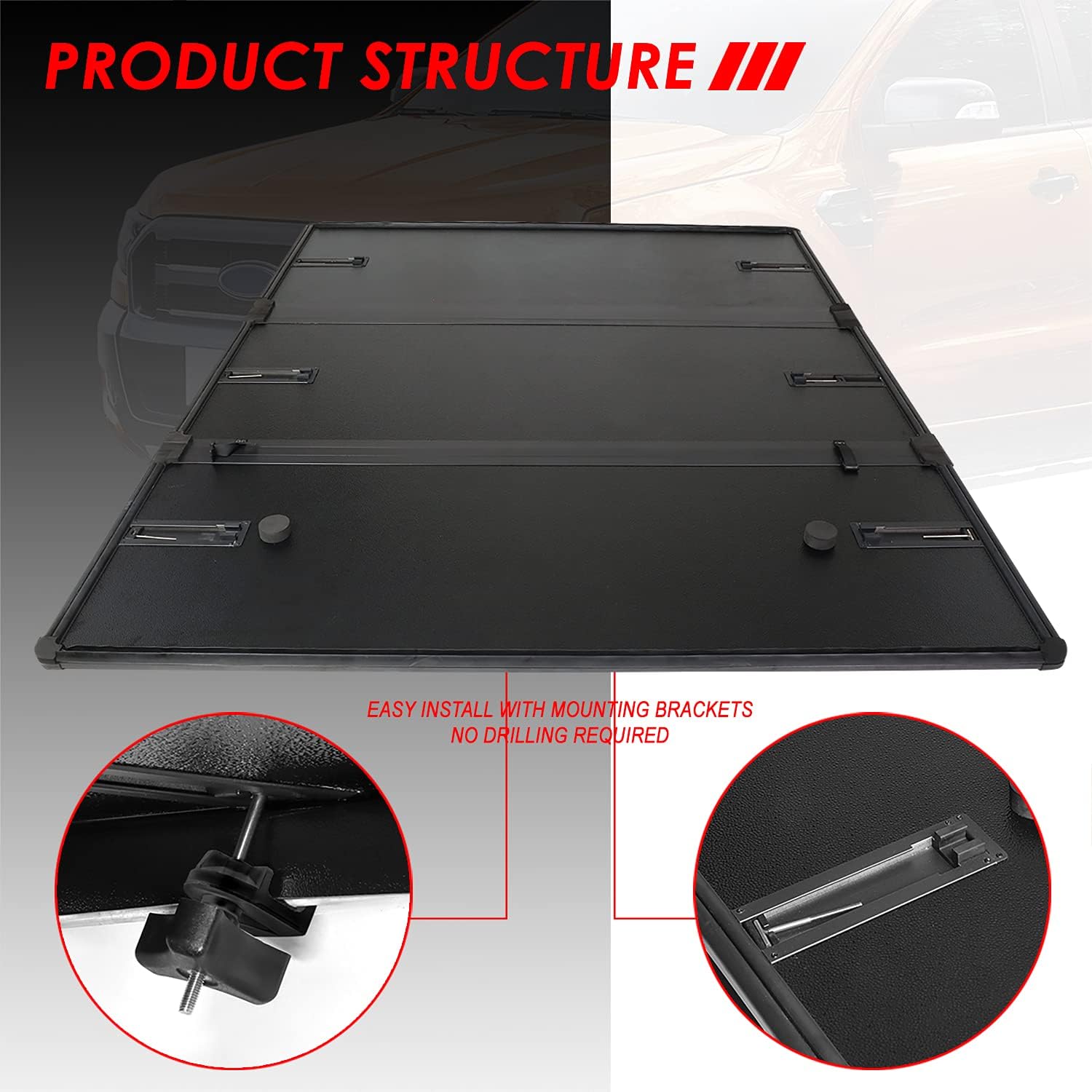 FRP Hard Solid Tri-Fold Adjustable Truck Tonneau Cover Compatible with Ford Ranger 5Ft Short Bed 19-22, Black Powdercoated