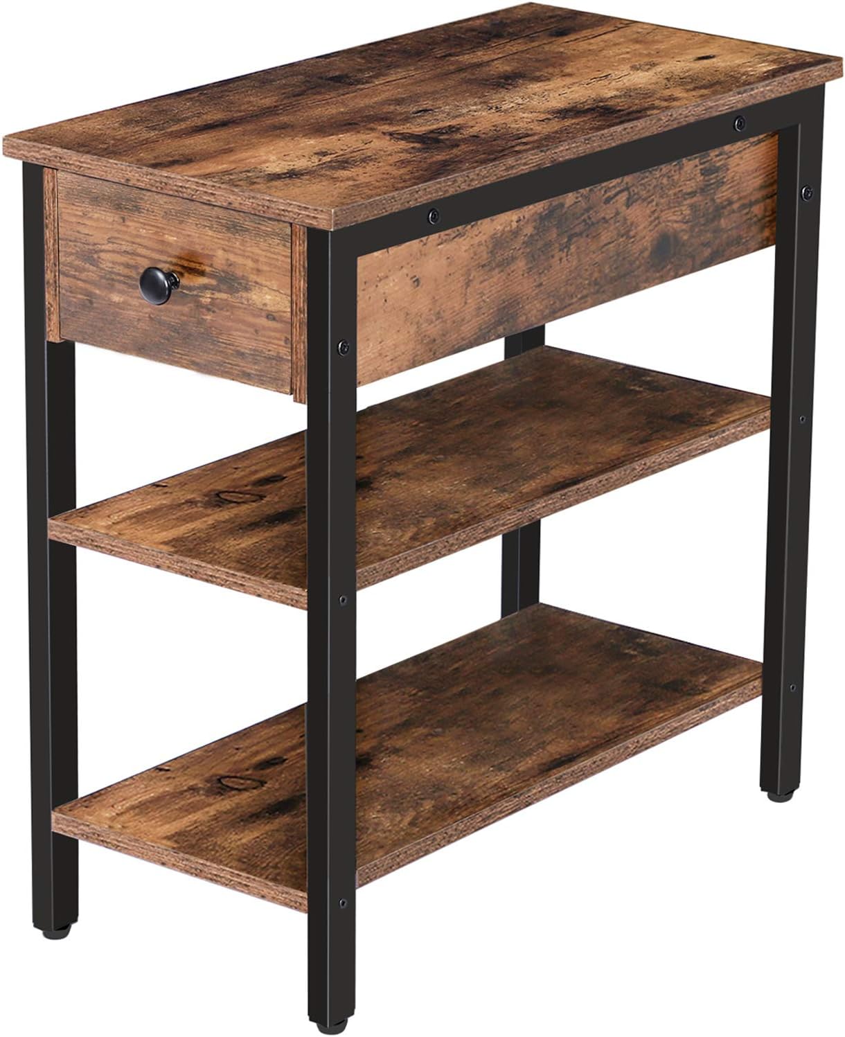 HOOBRO Nightstand, 3-Tier Narrow End Table with Drawer and 2 Shelves, Industrial Side Table for Small Space, Living Room, Bedroom, Office, Wood Look Accent Table, Rustic Brown and Black BF84BZ01
