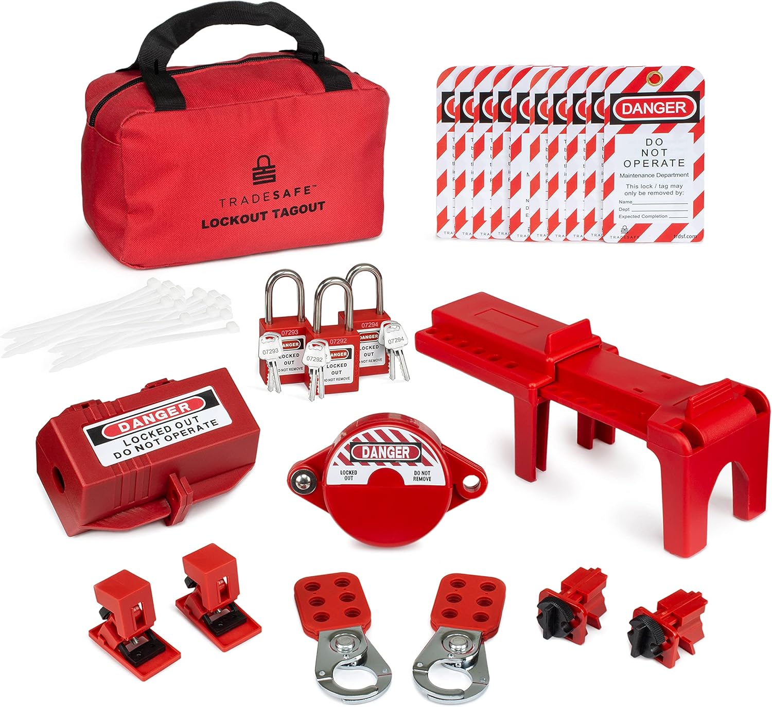 TRADESAFE Lockout Tagout Kit with Loto Locks for Gate Valves, Ball Valves, Electric Plugs, Electrical Circuit Breaker. Includes Red Padlocks, Hasps, Safety Lock Out Tags (2 Keys Per Lock) Pack of 2