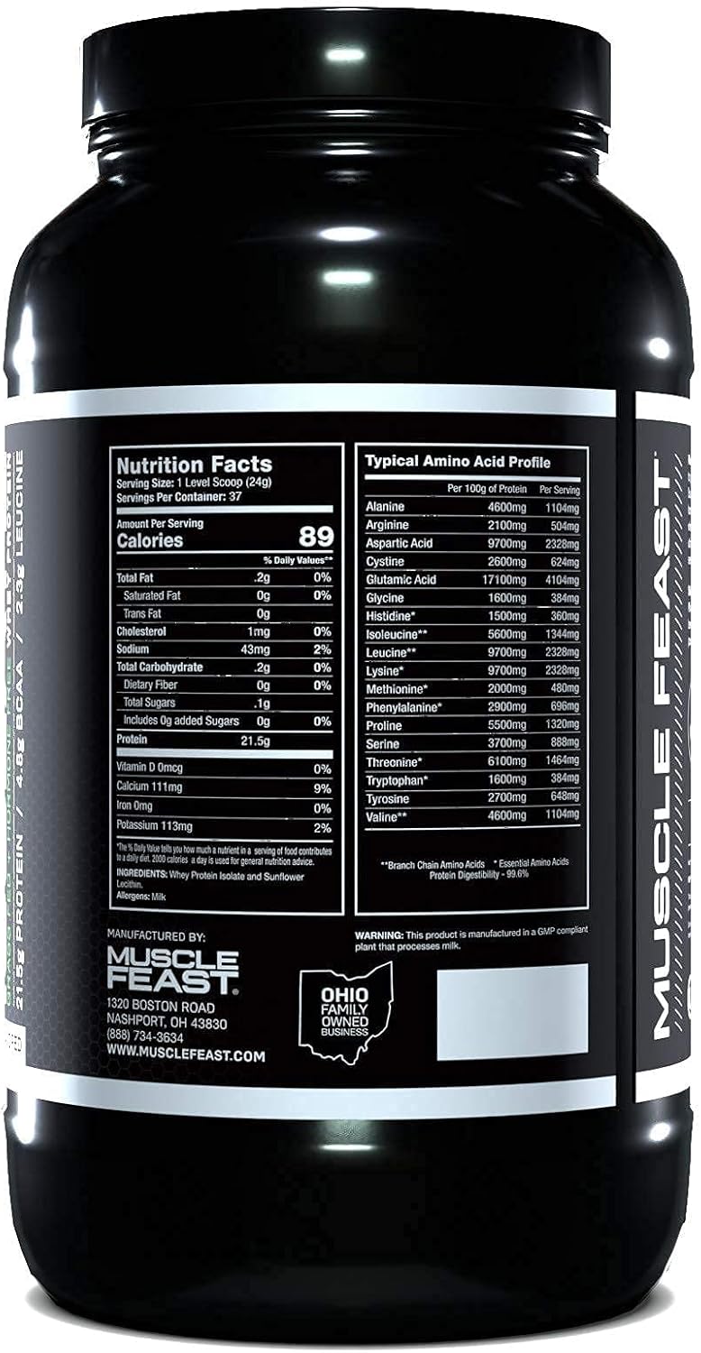 Muscle Feast 100% Grass Fed Whey Protein Isolate | All Natural, Hormone Free, Fast Absorbing, Pure European Whey Protein Isolate | 21.5g Protein, 89 Calories | Unflavored 2lb | 37 Servings Pack of 2