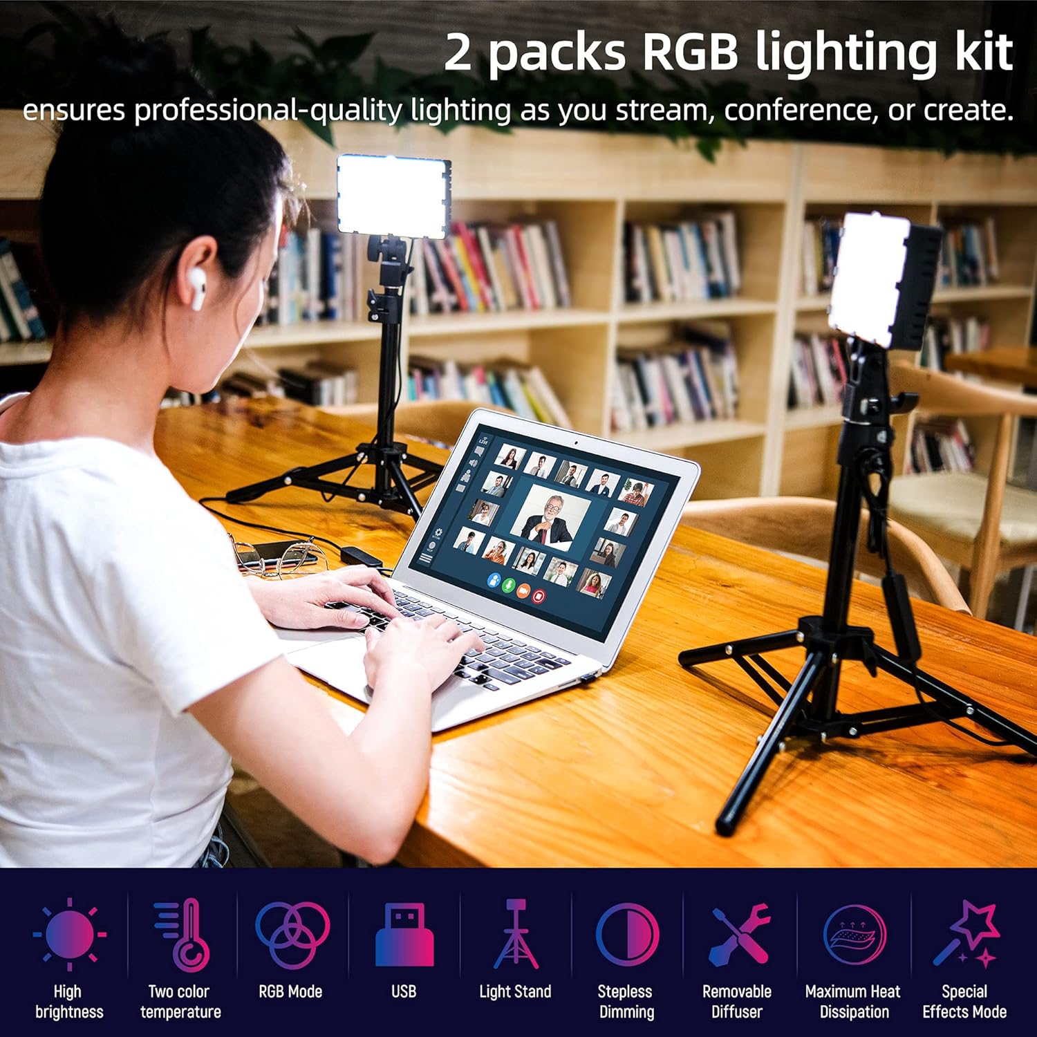 RGB Photography Lighting,USB Powered 2600K-6000K LED Tabletop Light with Stand , for Zoom Calls Video Conference Webcam Meeting Tiktok Game Streaming YouTube Photo Video Studio Shooting （2 Packs Pack of 2