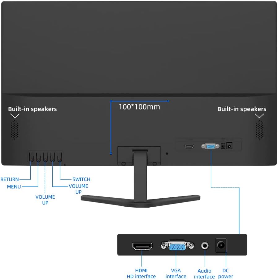 18.5 Inch Monitor, TN Panel 1366 x 768 PC Monitor with HDMI and VGA Interface, 5ms, Brightness 250 cd/m², 60Hz Monitor with Dual Built-in Speakers, PC Screen Display for Office Work.