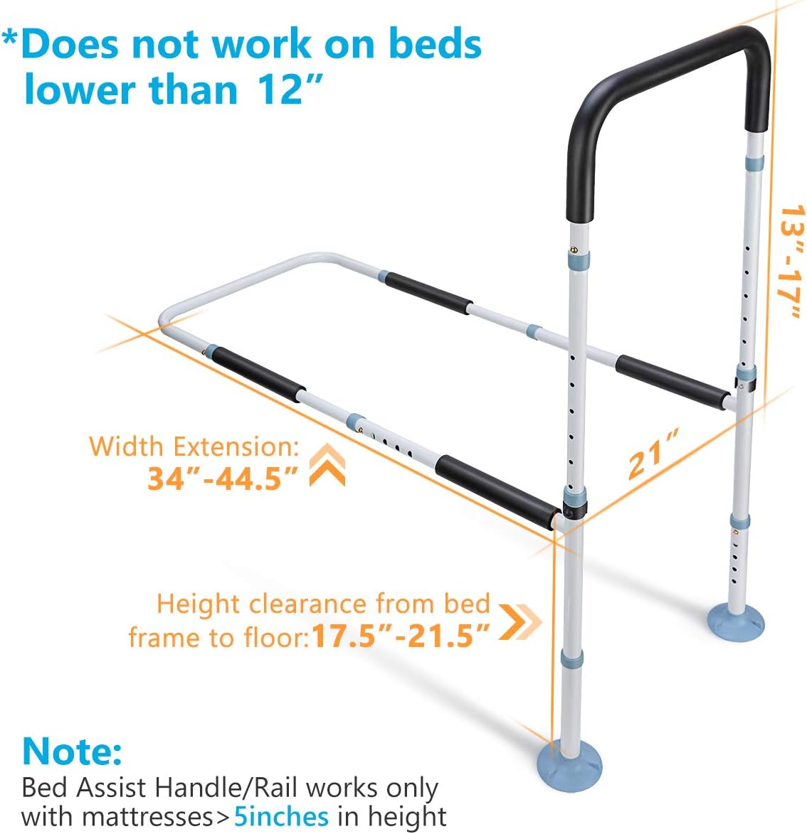 OasisSpace Bed Rail for Seniors, Medical Adjustable Bed Assist Rail Handle and Fall Prevention Safety Hand Guard Grab Bar for Elderly, Handicap - Fit King, Queen, Full, Twin Pack of 2