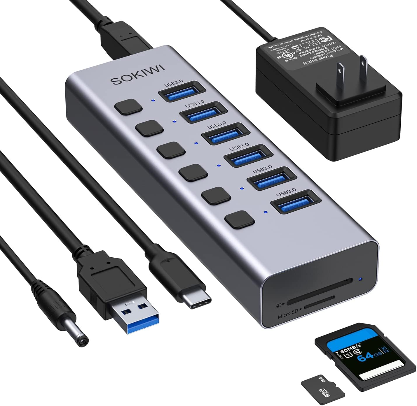Powered USB 3.0 USB C Hub, Aluminum USB 10 Port with Ethernet, 12V/5A AC Adapter, 3 USB Charging Port, 4 USB 3.0, 2 USB C, Individual On/Off Switches Pack of 2