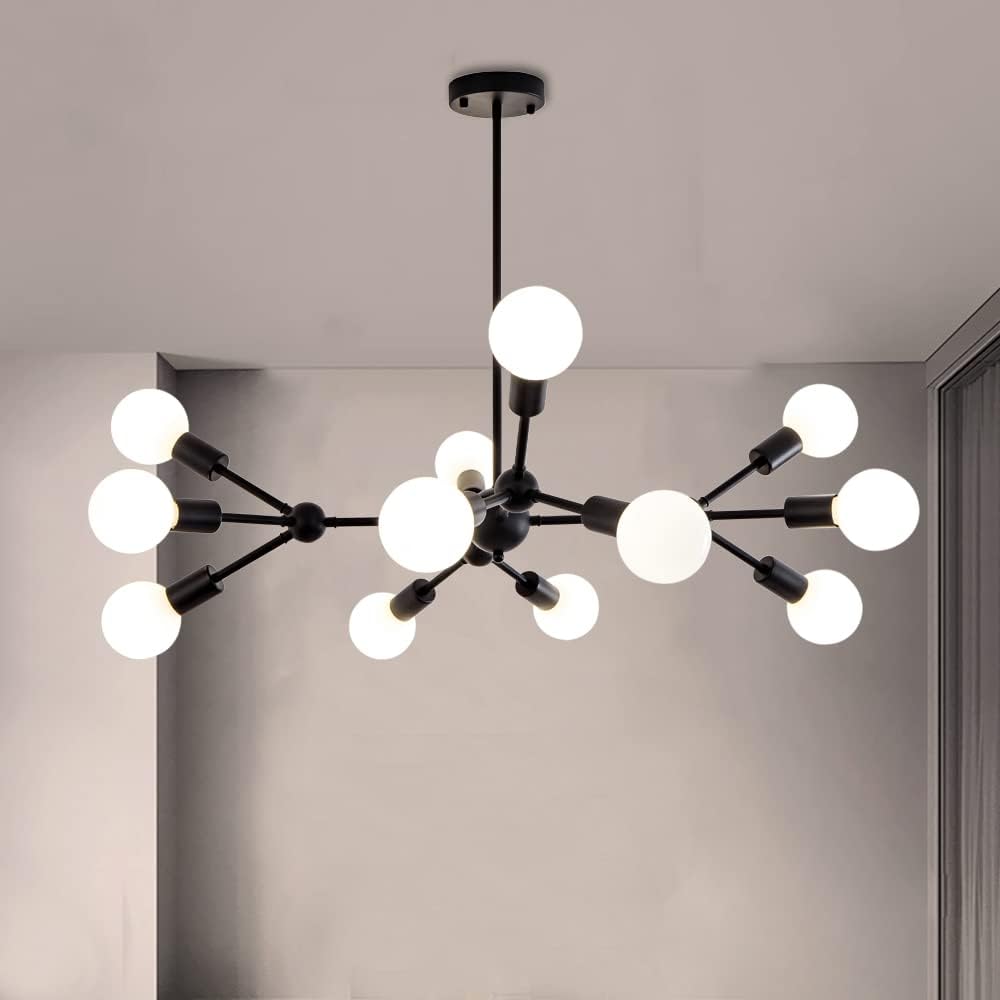 Quoobe Modern Black Sputnik Chandelier,12 Lights Metal Ceiling Light Fixture Pendant Lighting For Bedroom Study Living Room Dining Room Kitchen Office Restaurant Stair