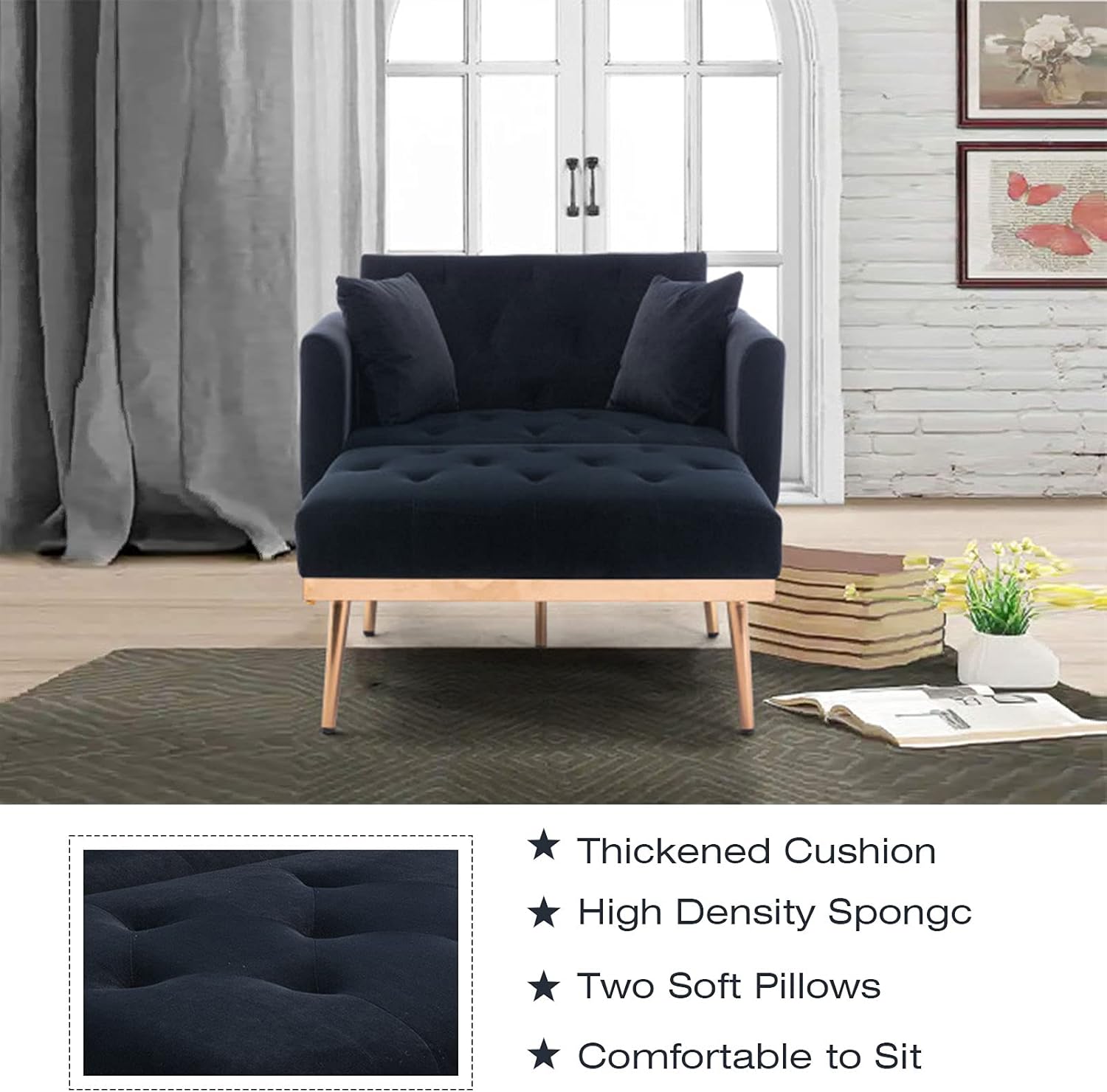 NOSGA Modern Tufted Velvet Sofa Chaise Lounge Indoor, Adjustable Backrest Lounge Sofa with Thick Padded, Convertible Reclining Chair with Rose Golden Metal Legs for Living Room Home Office(Pink)