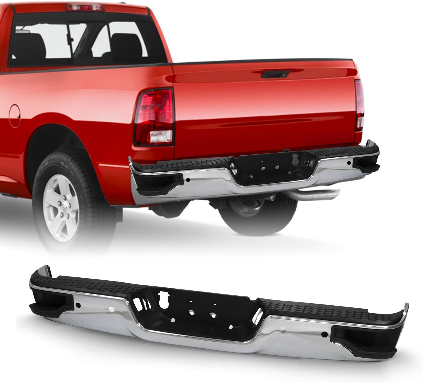 AKKON - Fits 2009-2018 Dodge Ram 1500 2500 3500 Chrome Steel Corner Step Rear Bumper with Back Object Sensor w/o Dual Exhaust
