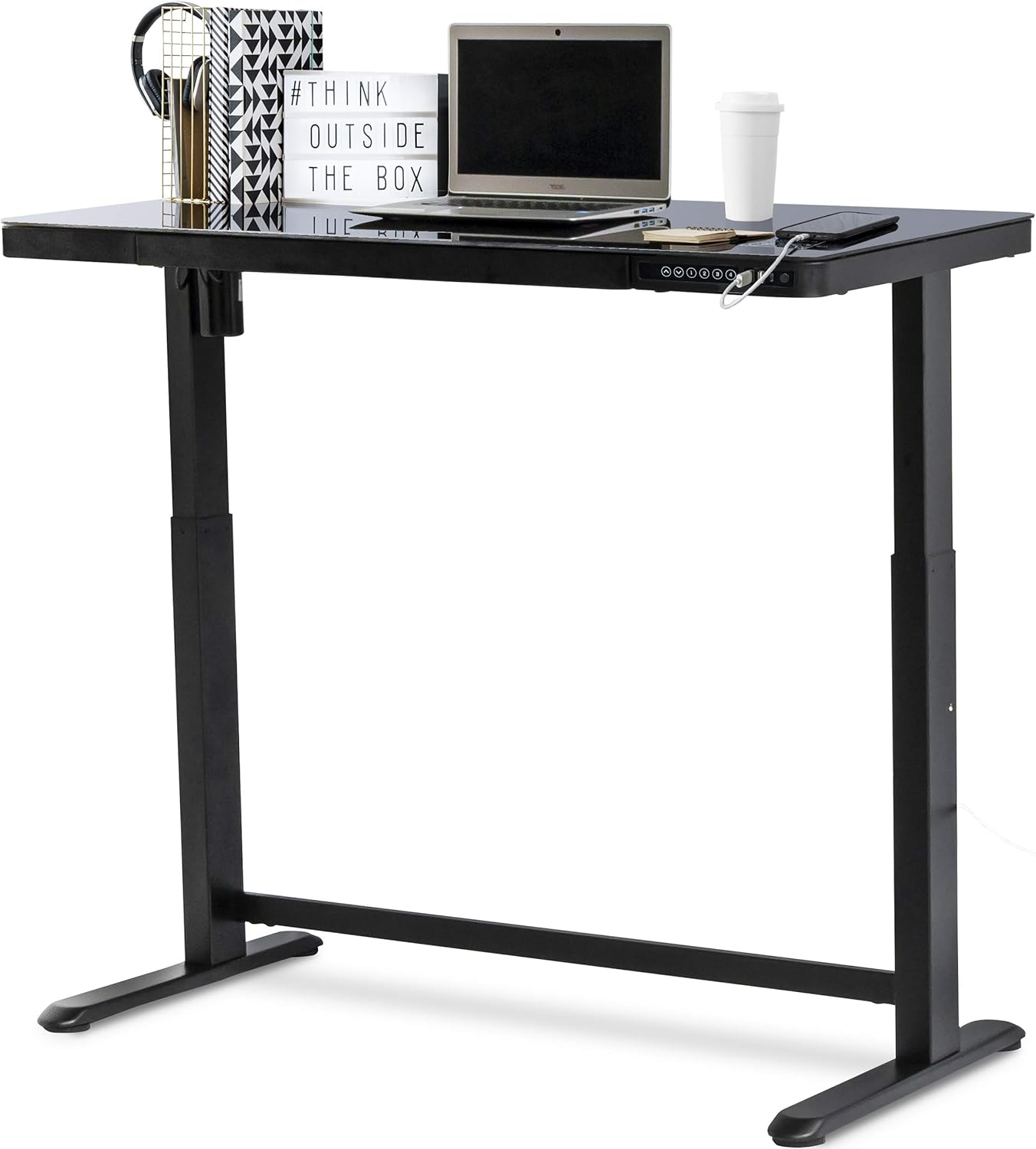Jefferson Electric Standing Desk with Drawer, 48 x 24 Modern Glass Top Adjustable Height Sit Stand Desk, Motorized Uplife, Memory Controller, Child Lock, Black