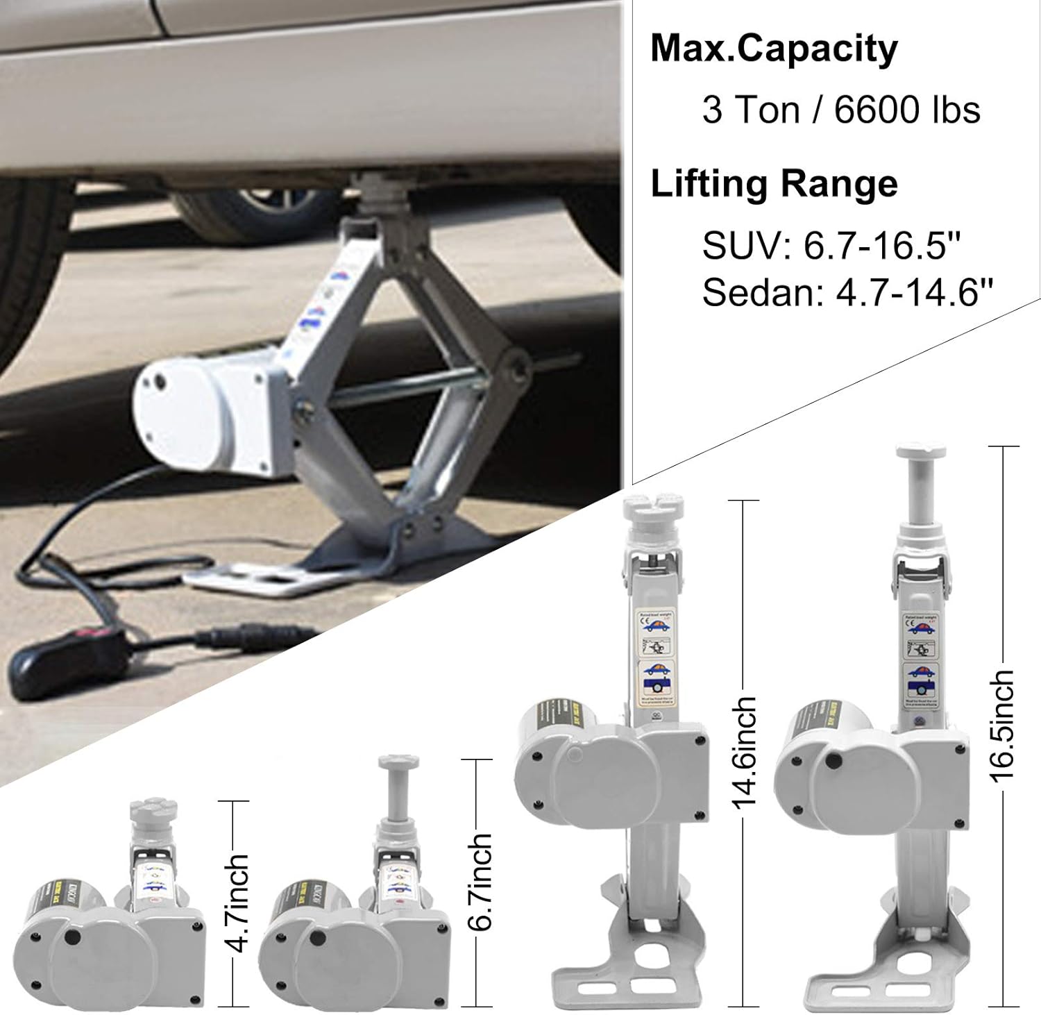 VEVOR Electric Car Jack 3 Ton 12V Floor Jack, All-in-One Electric Scissor Jack, 120-370/170-420MM Lifting Range Scissor Lift Jack, Automatic Car Repair Tool with Tool Case, for Sedans and SUV Repair
