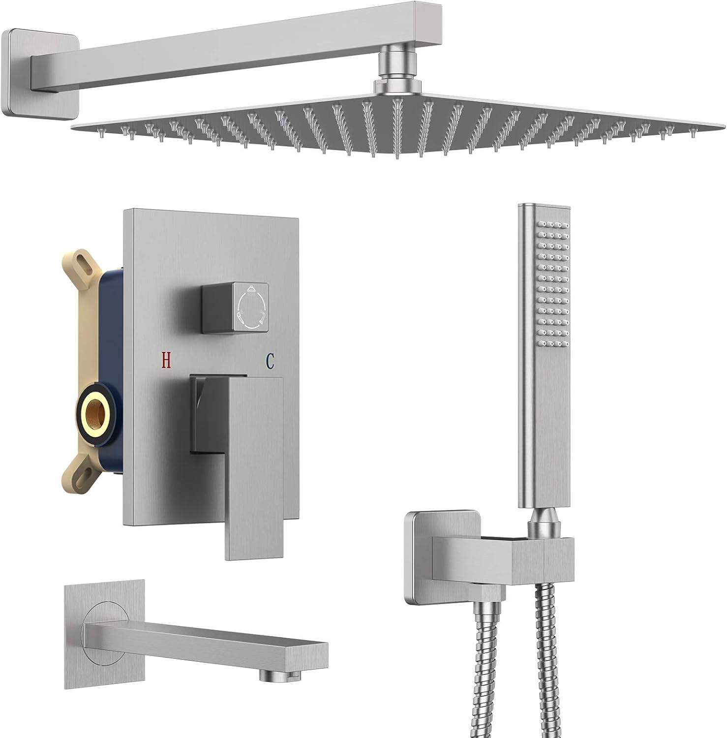 Iriber Shower System with Waterfall Tub Spout 3-Function Shower Faucet Set Shower Trim Kit with 12 Inch Rain Shower Head and Handheld, Matte Black