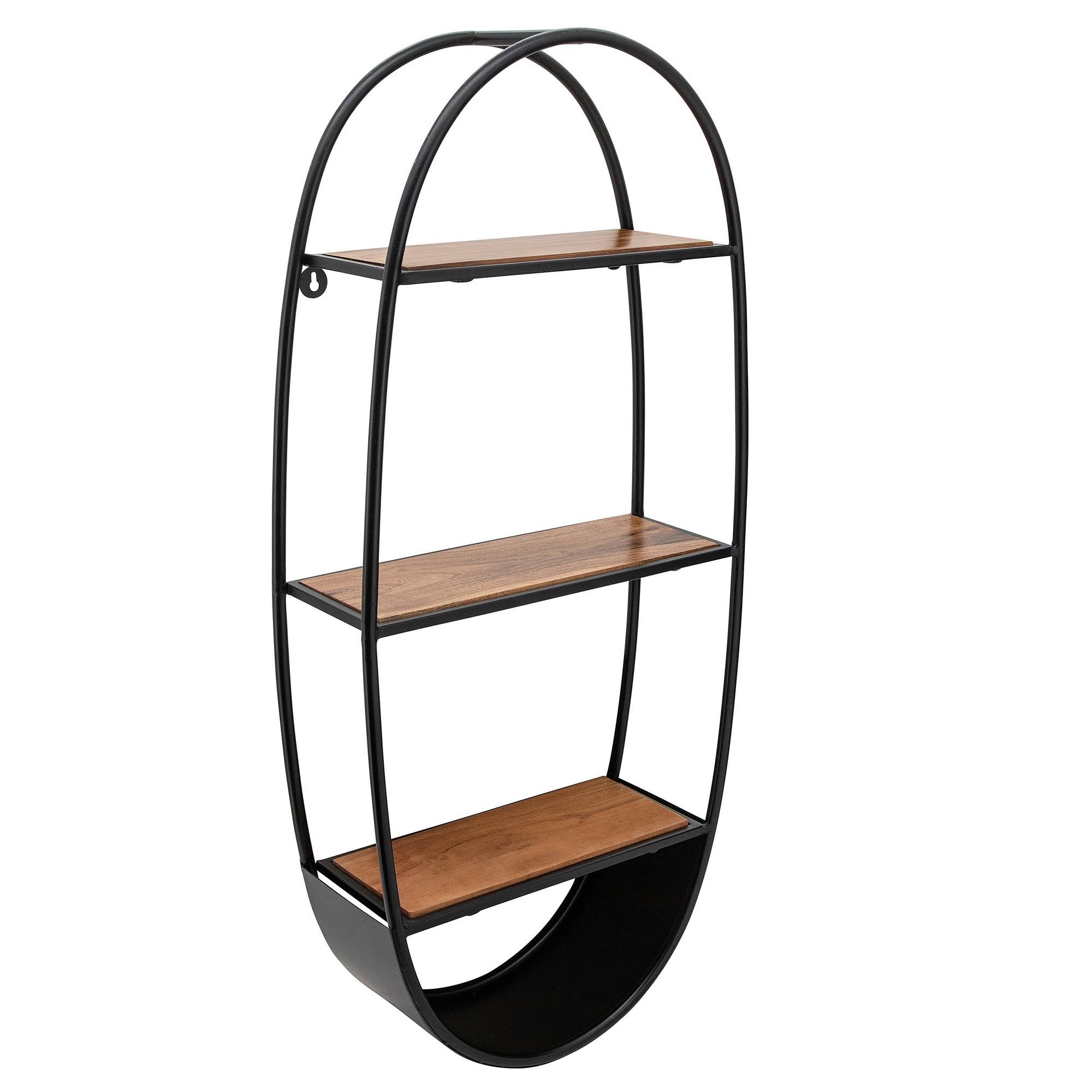 36 Inches 3 Tier Wood and Metal Oval Wall Shelf, Brown and Black