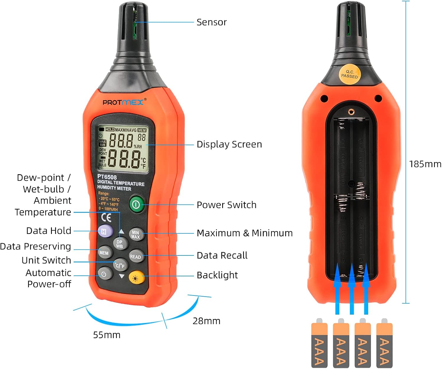 Protmex PT6508 Temperature Humidity Meter Thermometer Hygrometer with Ambient,Dew Point, Wet Bulb for Indoor and Outdoor, Min/Max Hold, LCD Backlight