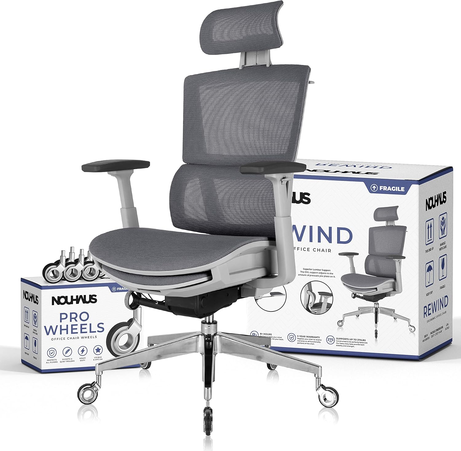 Nouhaus Rewind Ergonomic Office Chair with Footrest and Lumbar Support. Swivel Computer Chair, Rolling Home Office Desk Chairs with Wheels, Mesh High Back Task Chair, Comfortable Gamer Chair (Mint)