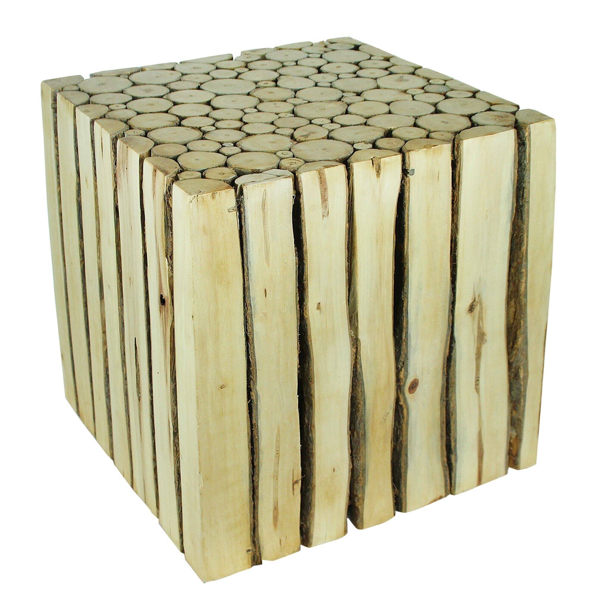 Square Shape Wooden Accent Stool with Stump Design, Brown, Small