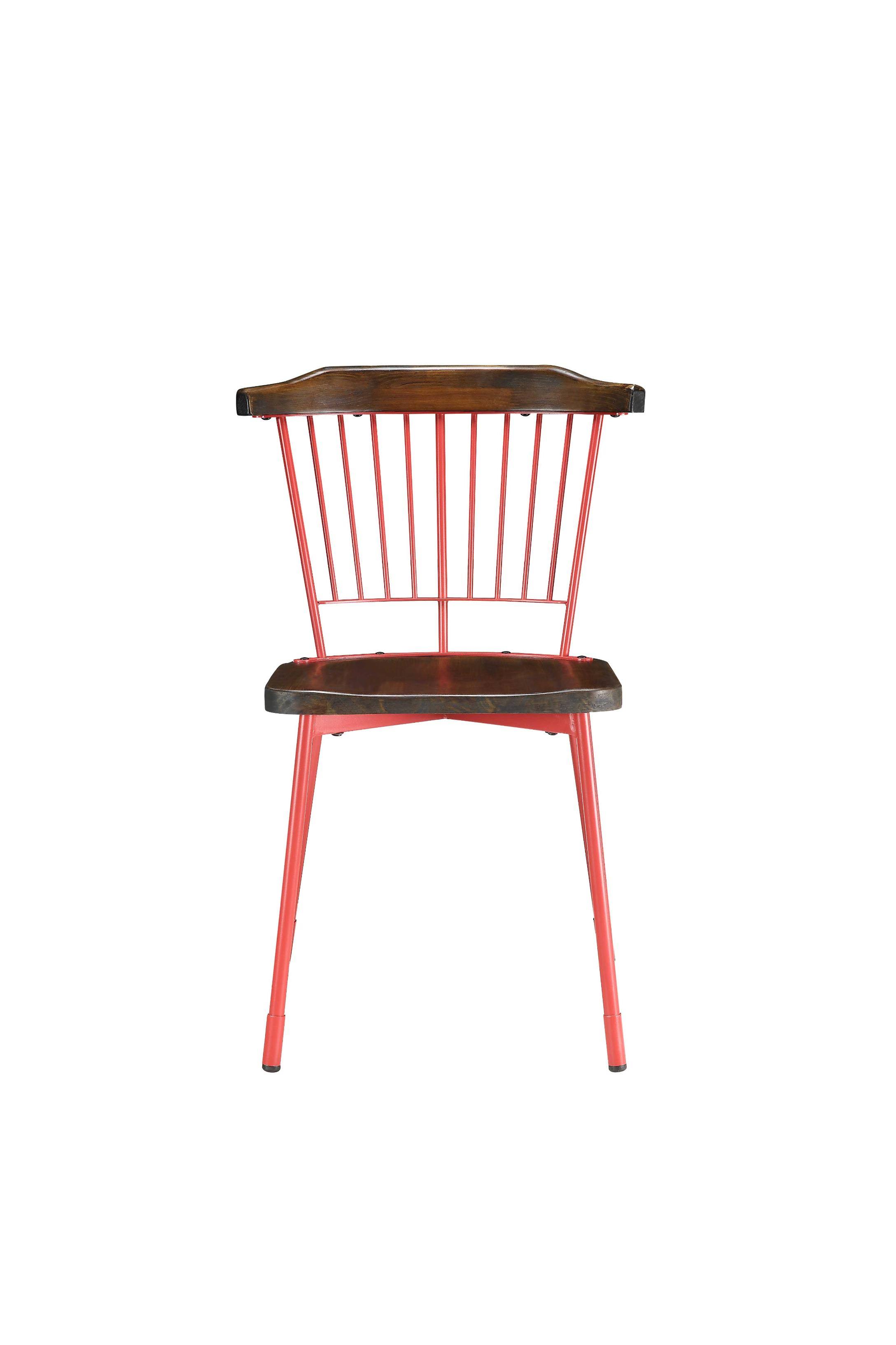 Benzara BM193908 Wood and Metal Side Chairs with Slat Style Back Red and Brown Set of Two
