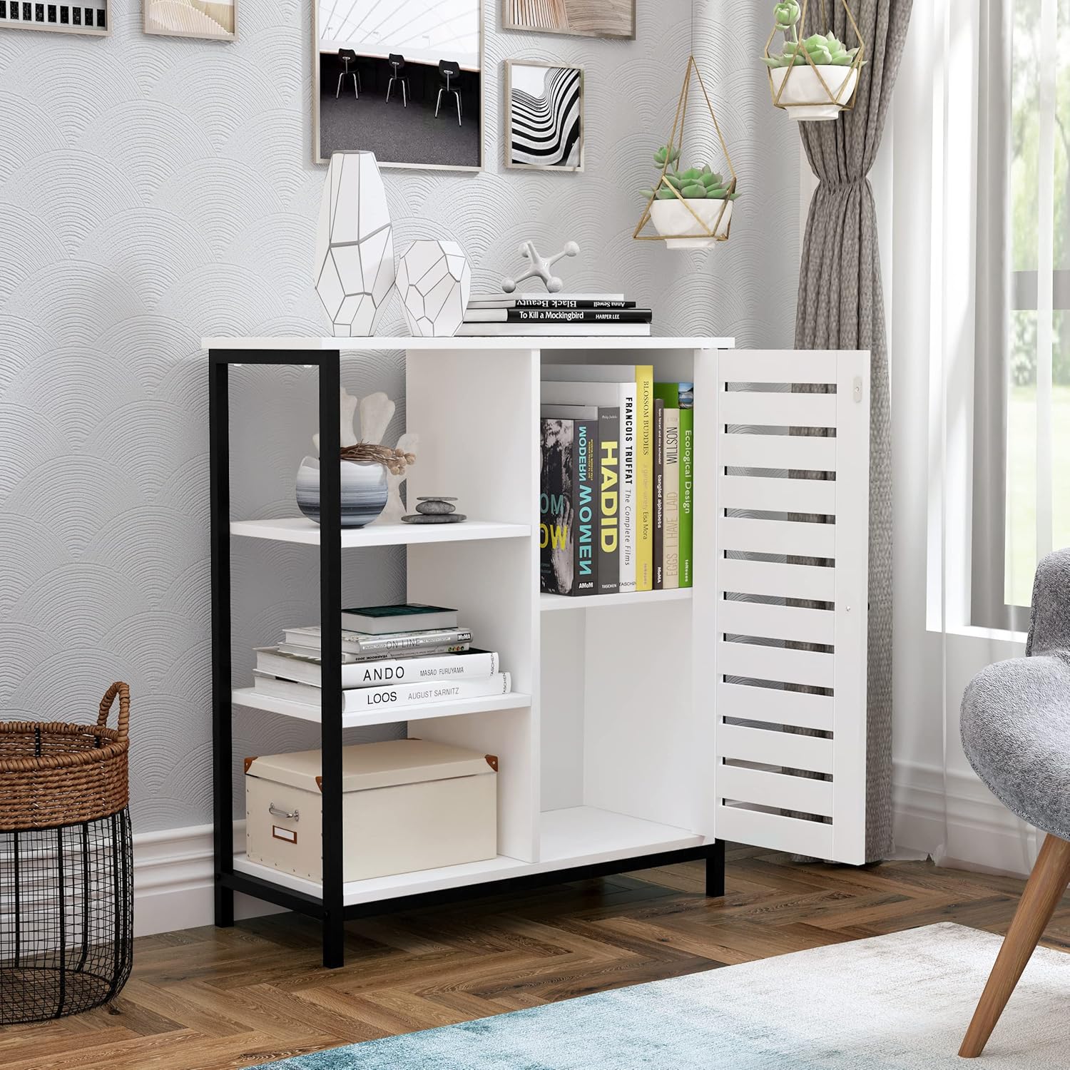 RAAMZO 4-Tier White and Black Storage Cabinet, Bookshelf, Multipurpose Cabinet, 3 Open Shelves with Door Shutters for Kitchen, Living Room, Bathroom, Bedroom