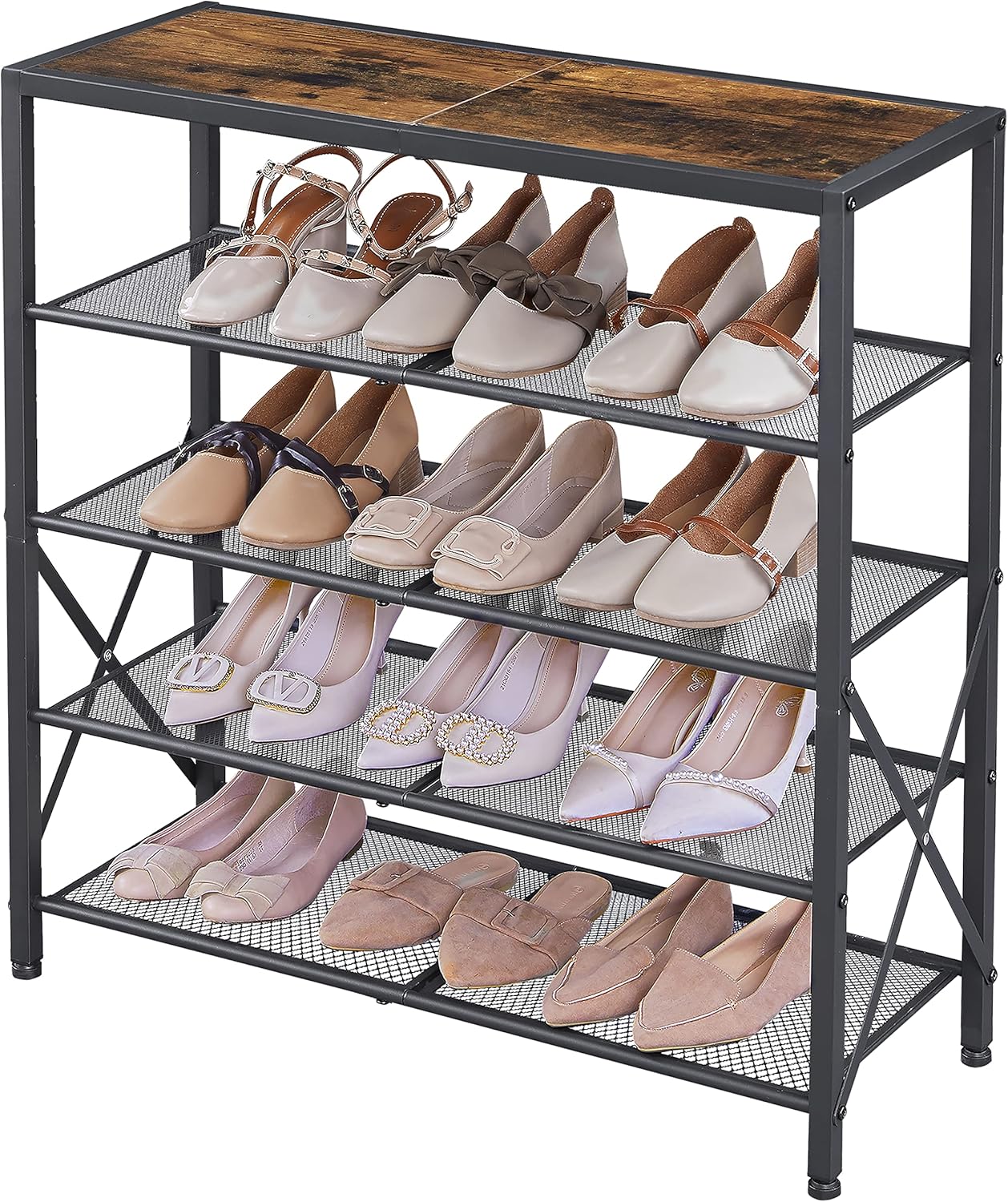 Tajsoon 5-Tier Shoe Rack Organizer, Industrial Shoe Rack for Closet Entryway, Metal Mesh Shoe Storage Shelf with X Shape Fixed Frame, Rustic Brown and Black