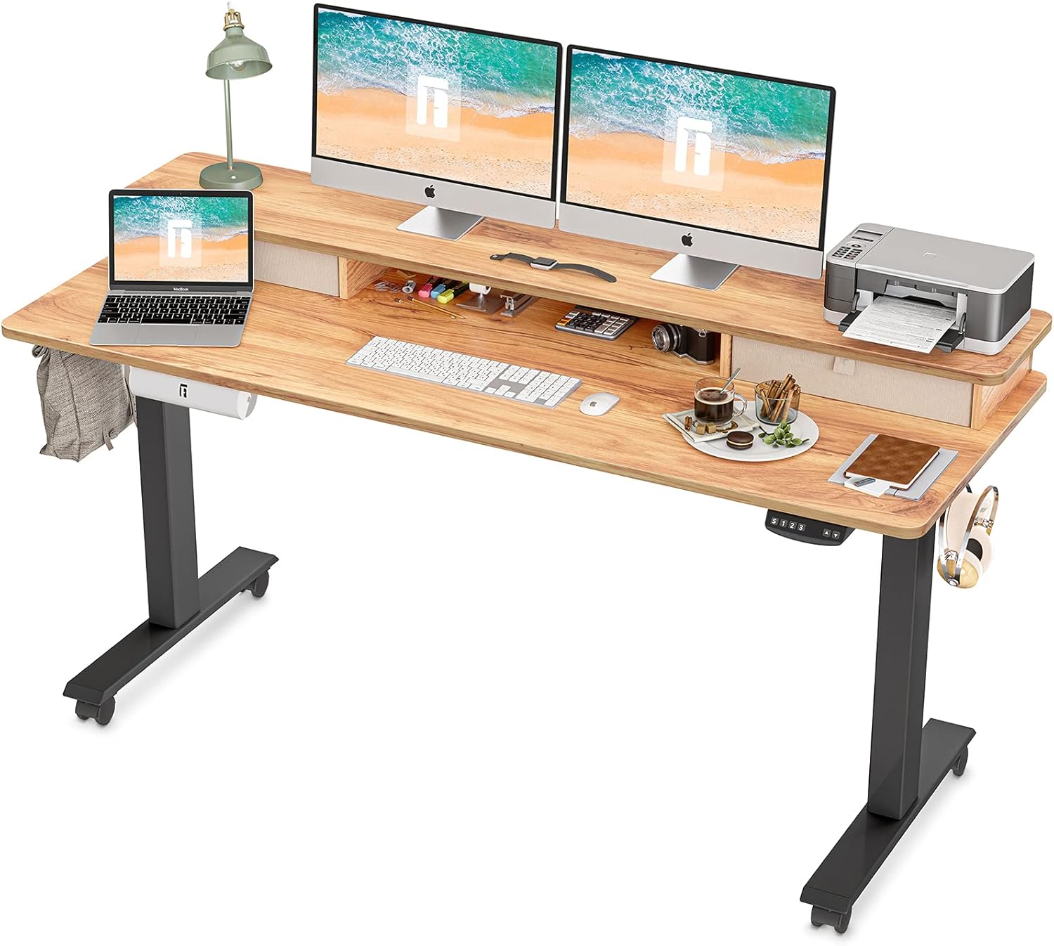 FEZIBO Height Adjustable Electric Standing Desk with Double Drawer, 48 x 24 Inch Stand Up Table with Storage Shelf, Sit Stand Desk with Splice Board, Black Frame/Rustic Brown Top
