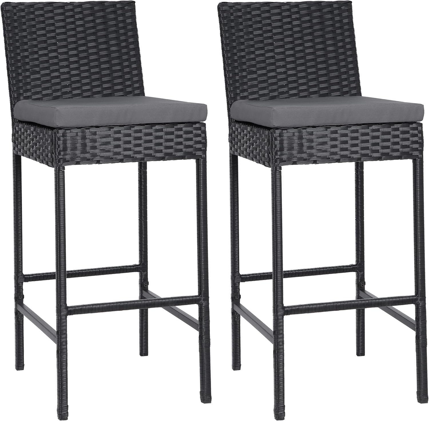lafuria 2 Packs Wicker Barstools Outdoor Patio Rattan Furniture with 2 Cushions for Lawn Balcony Garden Black