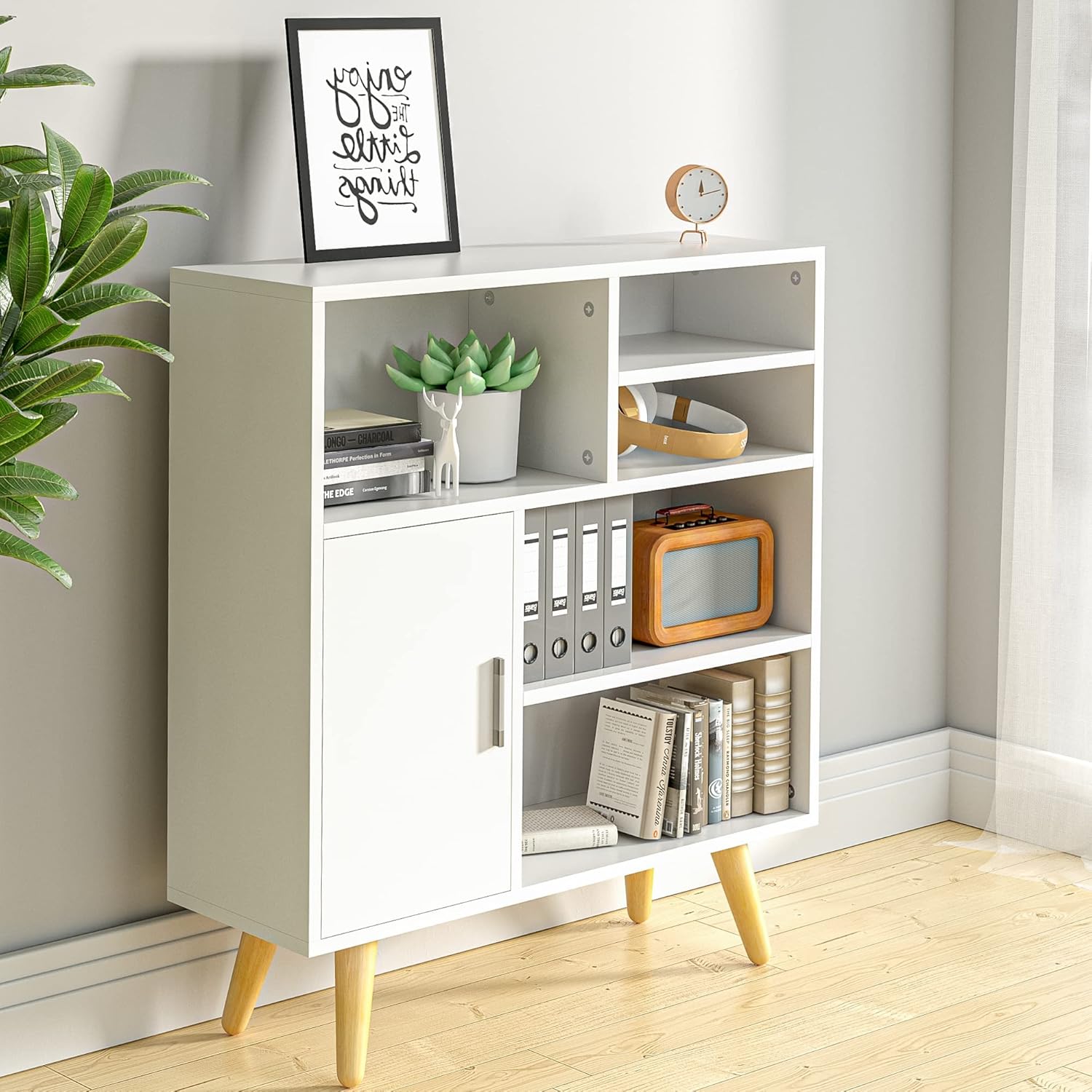 Cozy Castle White Wood Storage Cabinet, Elegent Mordern Accent Kitchen Canbinets with Door and 5 Shelves, Free Standing Buffet Sideboards for Living Room, Bedroom, Kitchen and Office