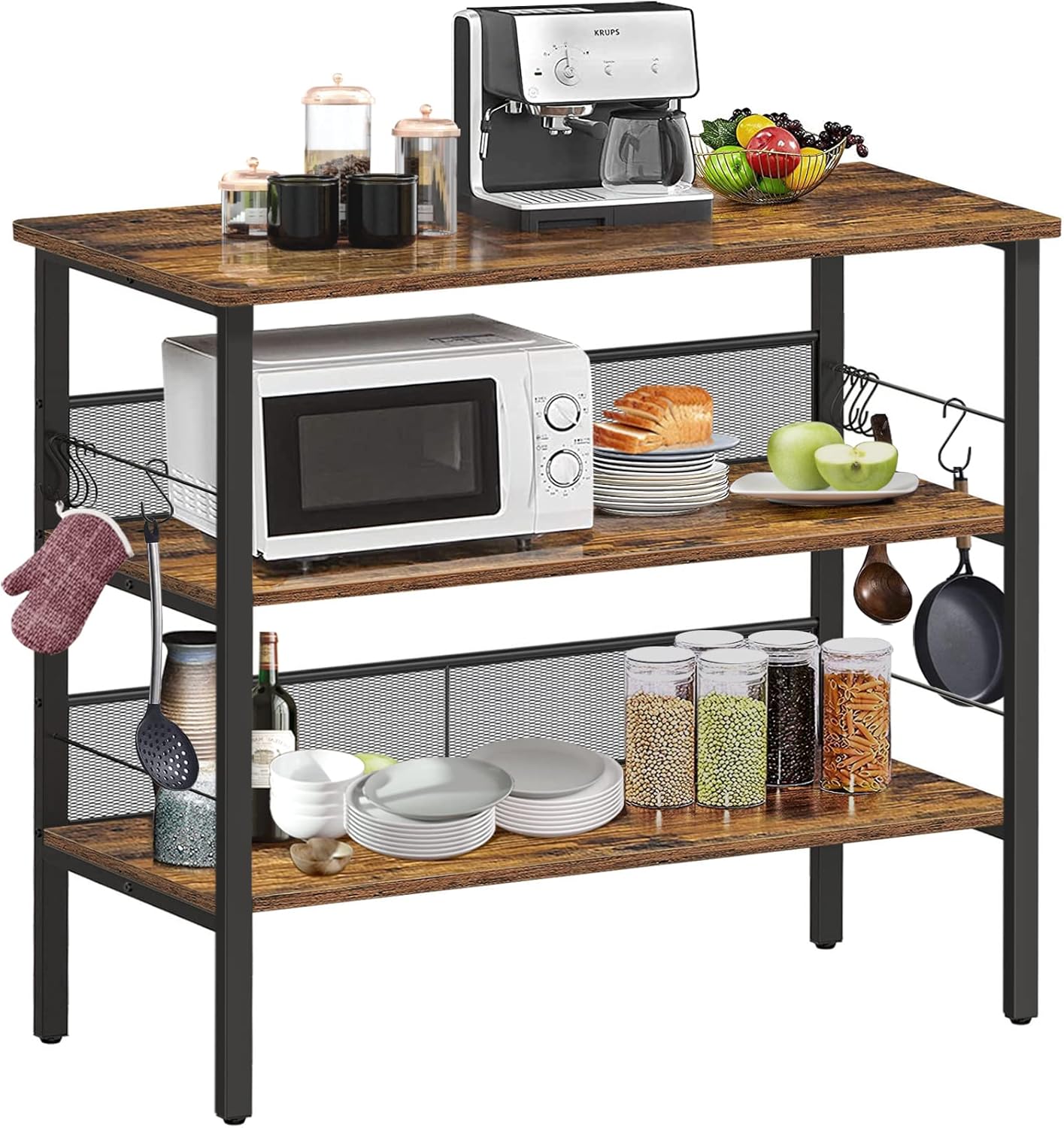 BEEWOOT Kitchen Island, Coffee Bar, Kitchen Shelf with Large Workstation, Kitchen Bakers Rack with 8 Hooks, 39.4 ”L × 17.7” W × 35.4”H, Stable Steel Structure and Easy Assembly, Rustic Brown KI01BB010