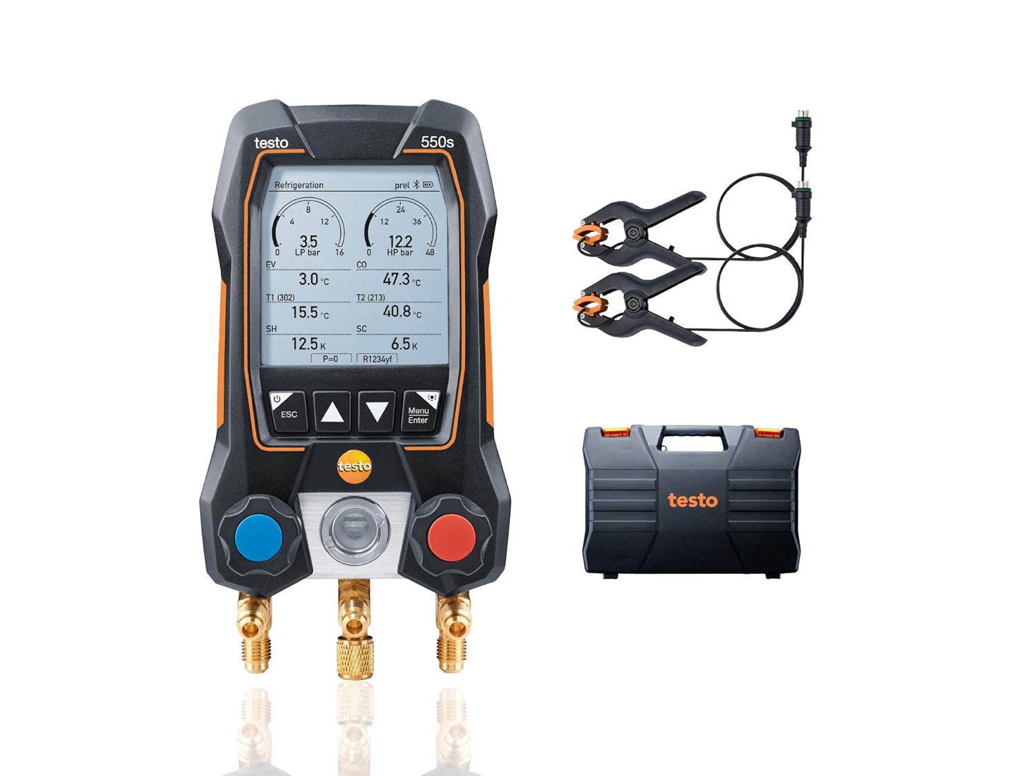 Testo 550s Kit I App Operated Digital Manifold, 2 x testo 115i Pipe Clamp Thermometer, 1 x testo 552i Micron Gauge and a Set of 3 Hoses I for HVAC Systems &ndash; with Bluetooth, Black