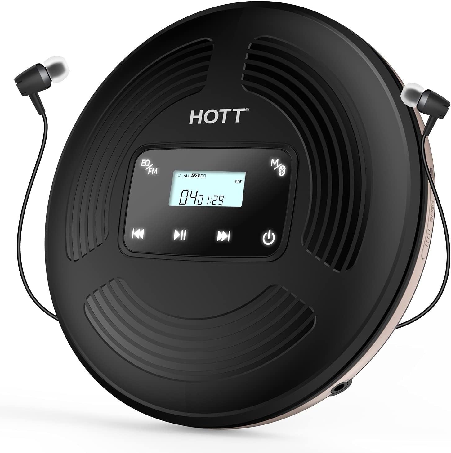 HOTT CD903TF Portable CD Player for Car with Bluetooth FM Transmitter，Rechargeable Touch Button Backlight Display Black