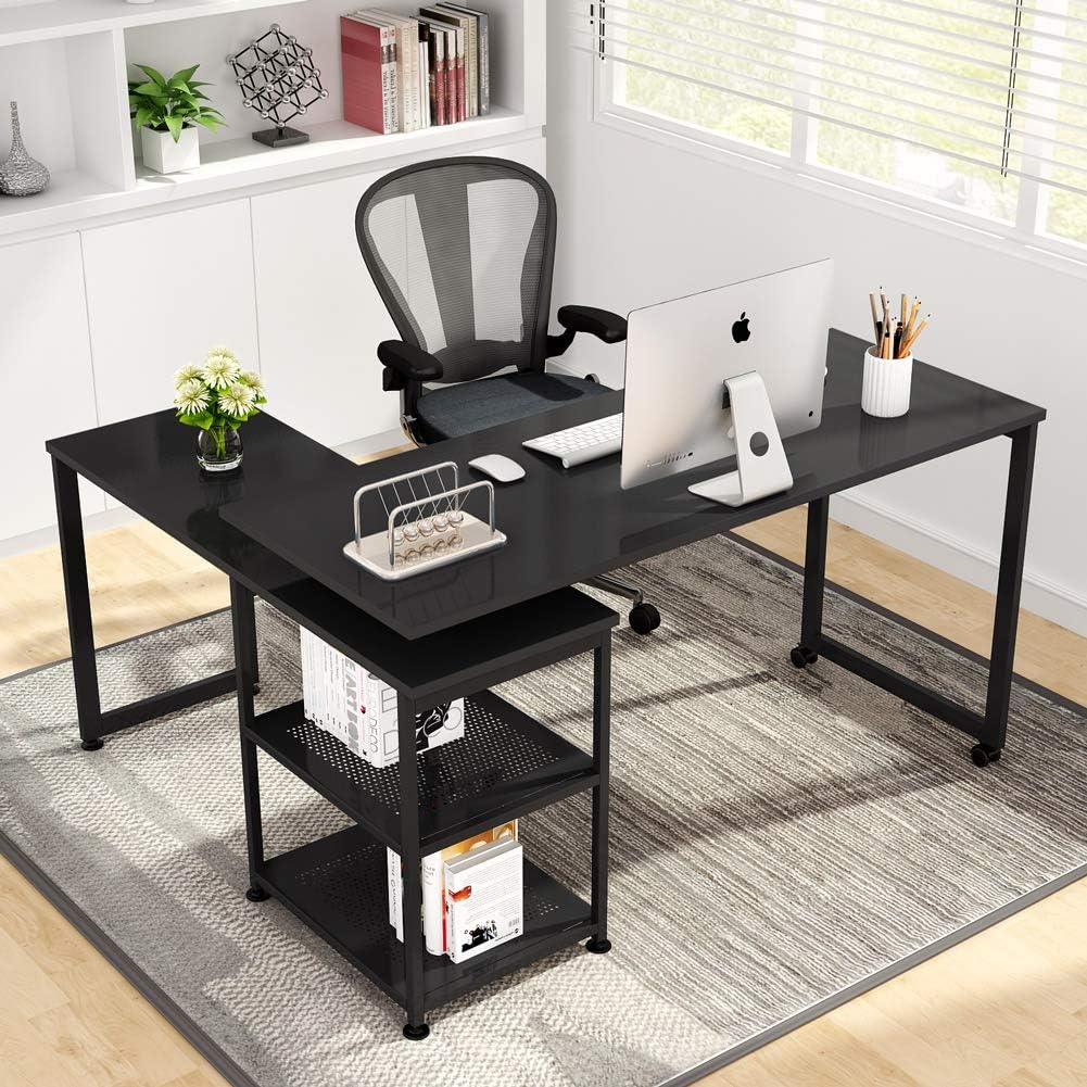 Tribesigns Reversible L-Shaped Desk with Storage Shelves, 360° Free Rotating Corner Computer Desk 55 inch Large Modern Office Desk Study Writing Table Workstation for Home Office (Black)