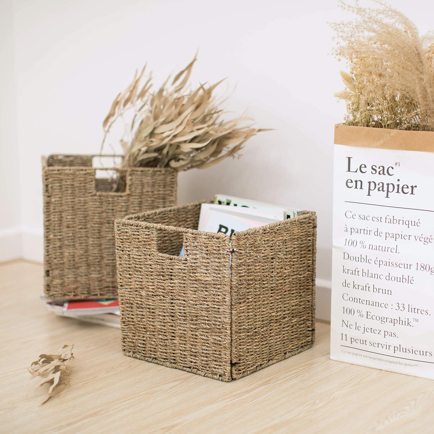 StorageWorks Rectangular Wicker Baskets for Shelves, Natural Seagrass Storage Baskets with Linings, 11 ¾ x 11 ¾ x 11 ¾ inches, 2-Pack Pack of 2