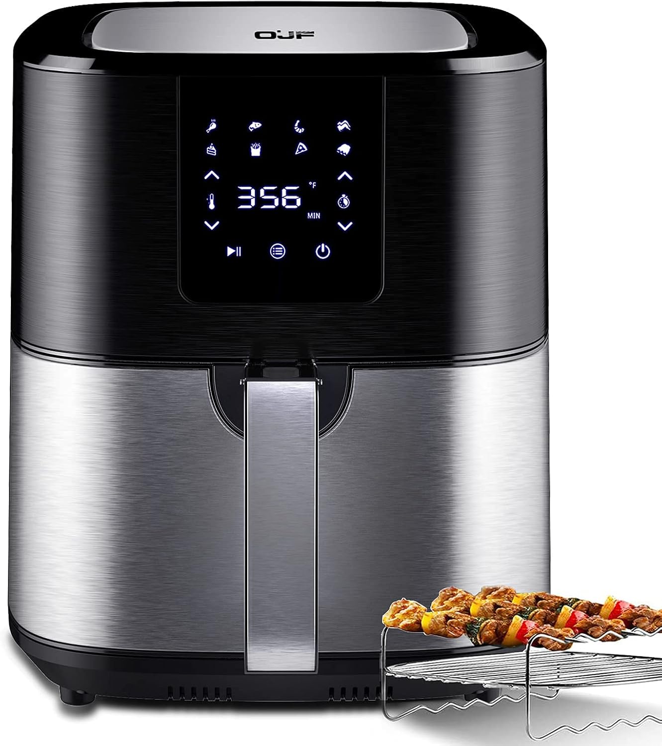 OJF Large Air Fryer Max,6.8 QT Electric Hot Air Fryer Oilless Cooker with Skewers and Racks,8 Preset Menus Digital Touchscreen Air Fryers w/ Recipe Cookbook,Auto Shut Off,60 Timer 1500W ETL,Black