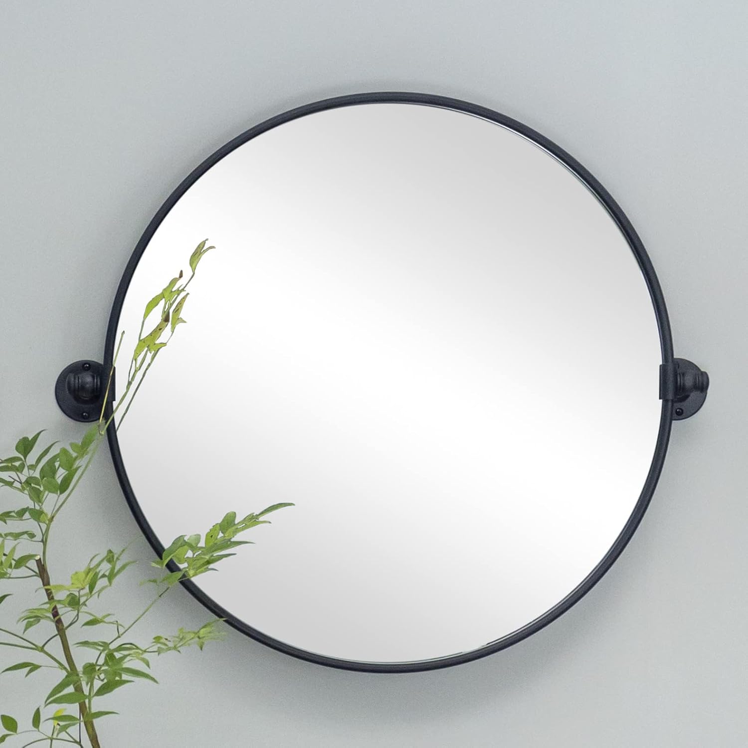 TEHOME Round Pivot Bathroom Mirror Black Circle Metal Framed Tilting Beveled Vanity Mirrors for Wall