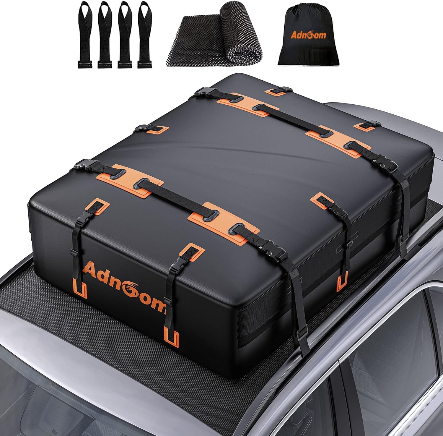 ADNOOM Car Top Carrier Roof Bag, 21 Cubic feet, Waterproof Duty, Soft Rooftop Cargo Bag, 10 Reinforced Straps + 4 Door Hooks + Anti-Slip Mat + Storage Bag for All Vehicles with/Without Rack