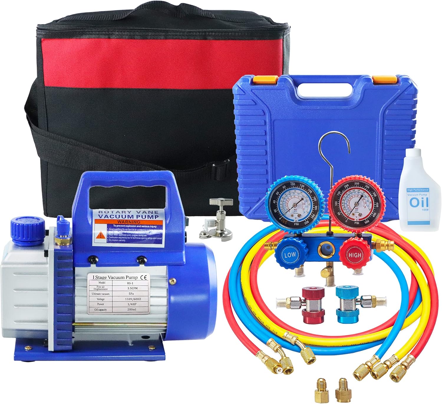 3.5 CFM 1/4 HP Air Vacuum Pump and R134a AC Manifold Gauge Set Kit for HVAC Air Conditioning Refrigeration Recharging ETL Listed,110V