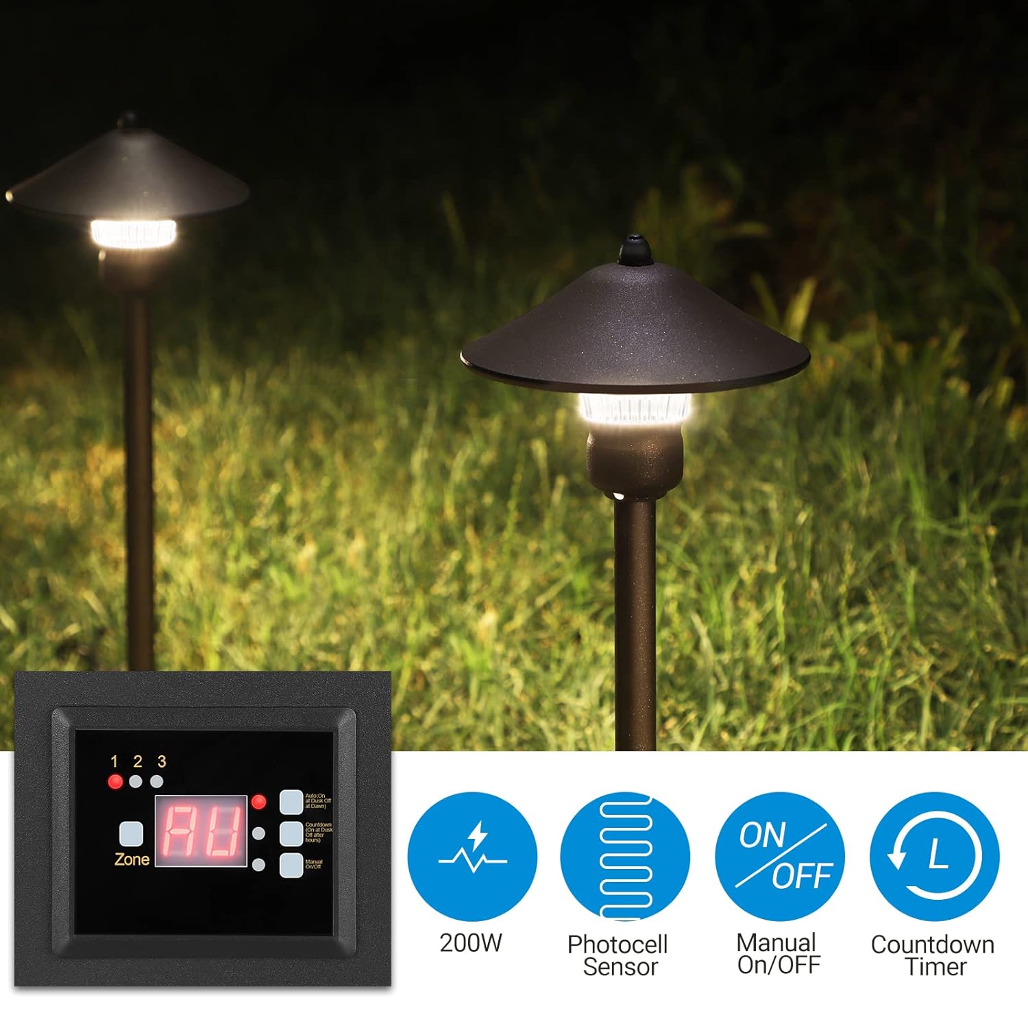 DEWENWILS 200W Low Voltage Landscape Transformer with Timer and Photocell Sensor, 3 Individually Controlled Outputs, 120V AC to 12V/14V AC, Weatherproof for Landscaping Light, Spotlight, ETL Listed Pack of 2