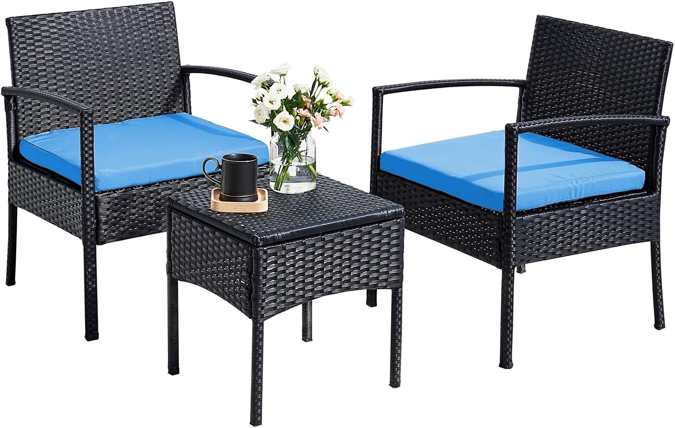 PCAFRS 3 PCS Patio Rattan Chair Set 3 Piece Patio Bistro Set Outdoor Wicker Rattan Furniture Set 1 Conversation Table & 2 pcs Rattan Sofas for Small Balcony Backyard