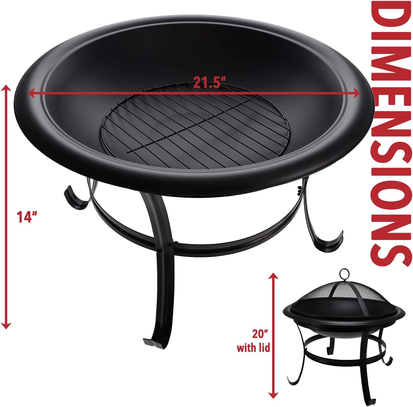 Gas One Outdoor Fire Pit &ndash; Wood Burning Fire Pit with Mesh Lid and Fire Picker &ndash; Durable Alloy Steel Fire Pits for Outside &ndash; Small Fire Pit for Backyard, Porch, Deck, Camping, BBQ