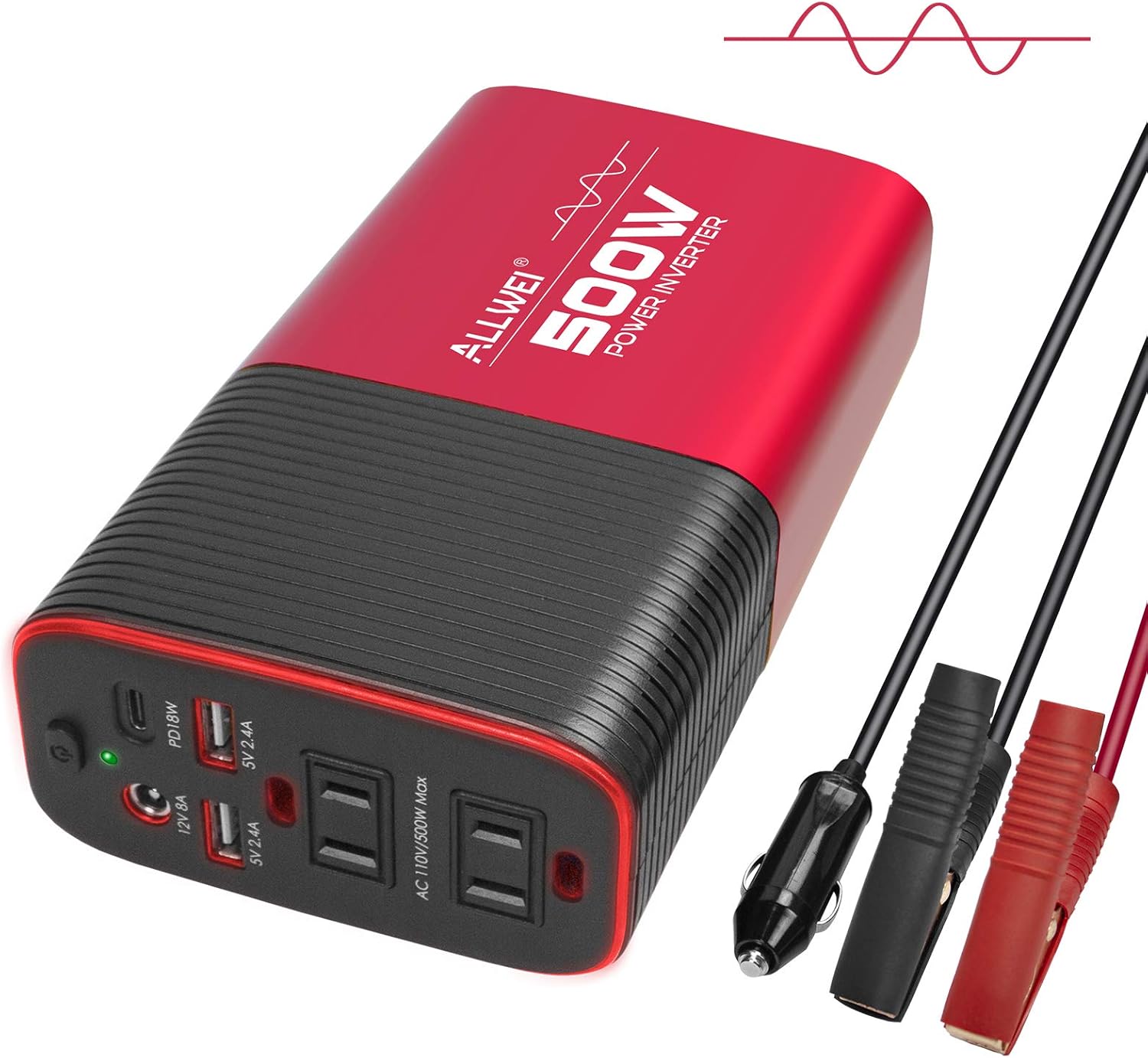 500W Pure Sine Wave Power Inverter DC 12V to AC 110V Car Inverter Power Adapter Converter with Type C PD18W/12V DC Output/4.8A Dual USB Charging Ports and 2 AC Outlets Car Charger Pack of 2