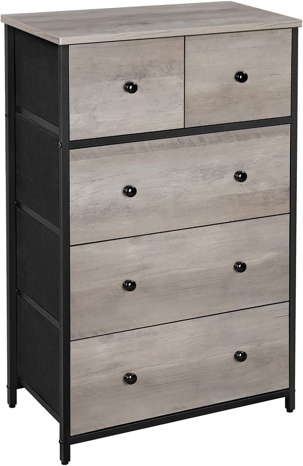 SONGMICS Rustic Drawer Dresser, Storage Dresser Tower with 5 Fabric Drawers, Wooden Front and Top, Industrial Style Dresser Unit, for Living Room, Hallway, Nursery, Rustic Brown and Black ULGS45H