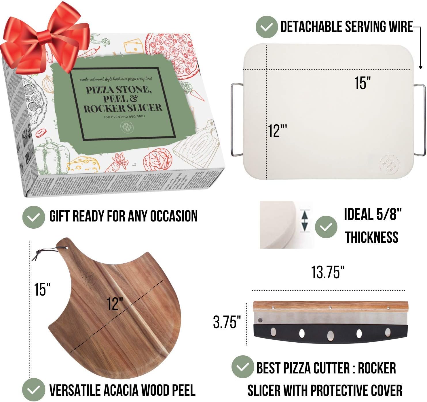 Pizza Stone for Oven and Grill with Wooden Pizza Peel Paddle & Pizza Cutter Set - Detachable Serving Handles - BBQ Grilling Accessories - Baking Supplies - 15 inch x 12 inch Large Stone