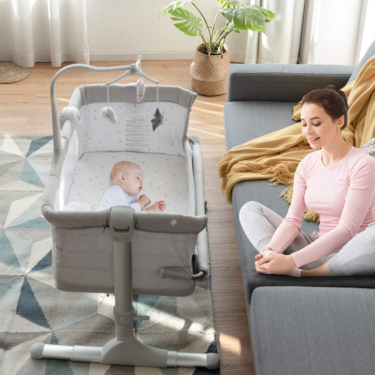 BABY JOY Baby Bedside Bassinet, Height Adjustable Portable Crib w/Music, Toy Rack, Mattress, Straps, Breathable Mesh & Carrying Bag, Easy Folding Kids Bed Side Sleeper for Newborn Infant (Light Grey)