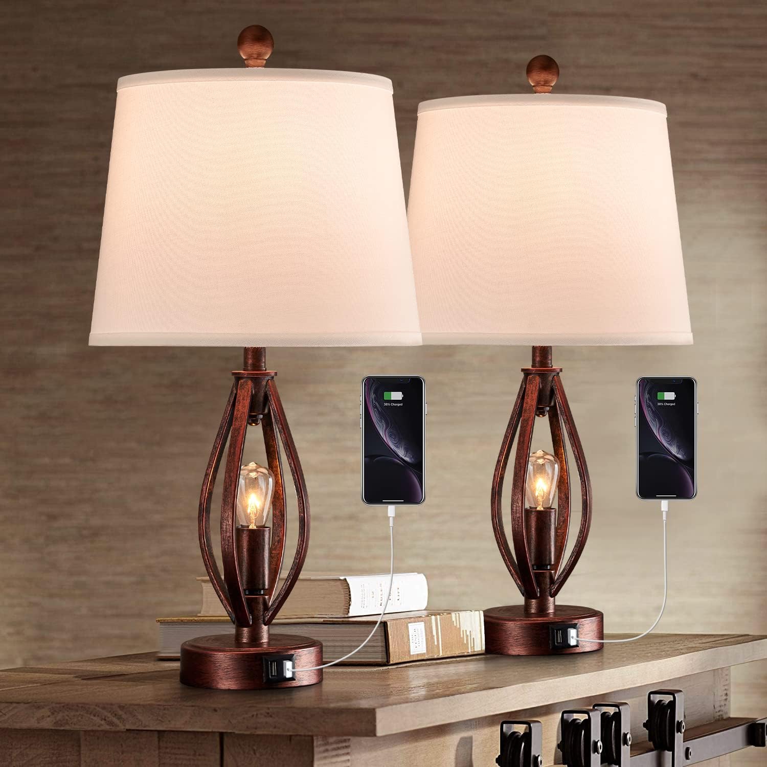 Modern Farmhouse Table Lamp Sets of 2 with 2 USB Ports Pulg in Industrial Nightlight Open Column Bedside Nightstand Light Lamps for Bedroom Living Room, White Fabric Shade, 2-Pack (Black)